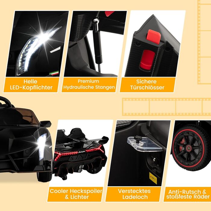 Дитячий електромобіль Lamborghini COSTWAY з пультом, LED фарами, музикою, для дітей від 3 років, чорний