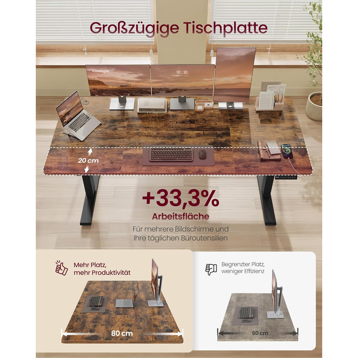 Стол для роботи VASAGLE з регулюванням висоти, USB-C, підставка для розеток, стоячий стіл, нагадування про перерви, 3 пам'яті, 180x80 см, Vintage Brown