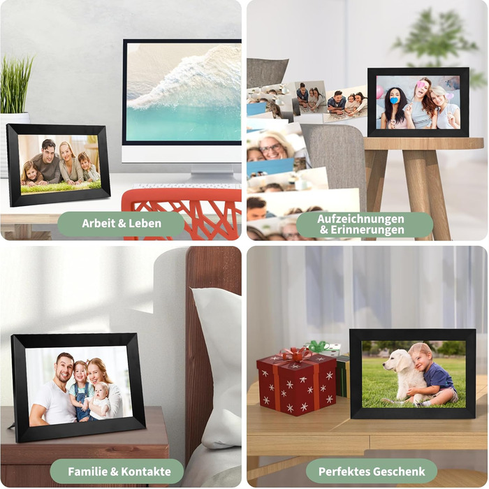 Цифровий фоторамка Veidoo 10.1 дюйма, IPS-сенсорний екран 1280x800, 32GB, для сімейних фото, з Wi-Fi, Frameo App (Чорний)