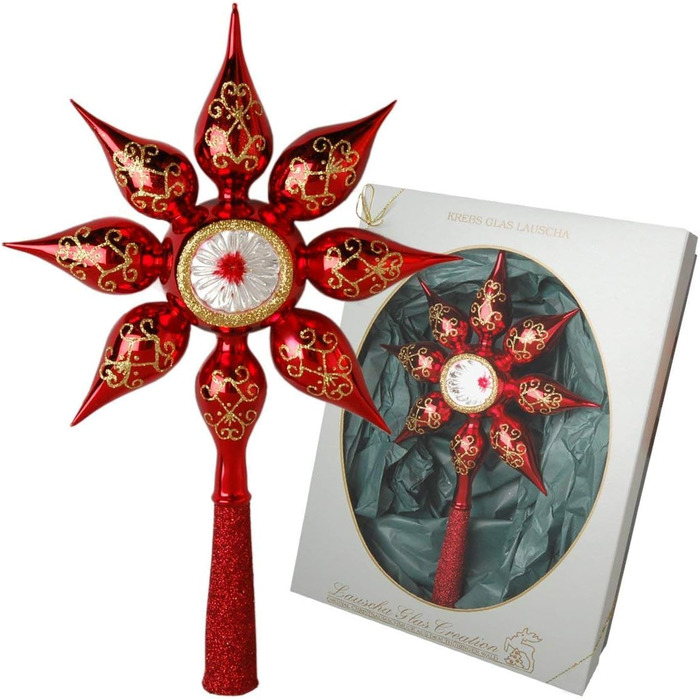 Ялинкова іграшка блискуча з прикрасами та дзвіночками, 29 см у високоякісній подарунковій коробці (зірка на ялинку, червона)