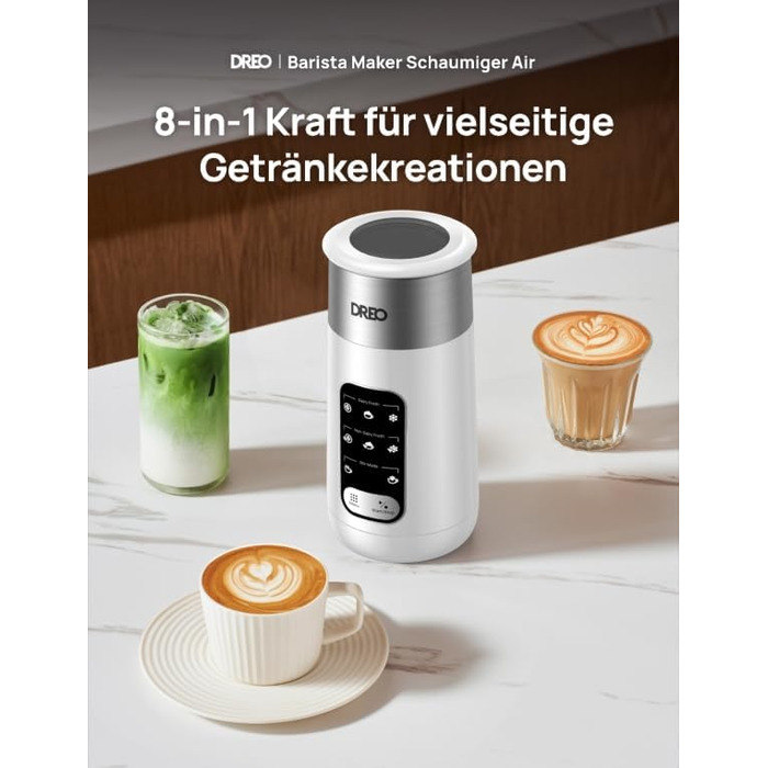 Dreo електричний спінювач молока 8-в-1 для лате арт, 270 мл, з підігрівом, LED, білий