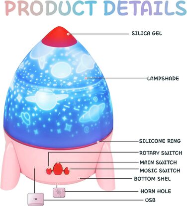 Нічний світильник, проектор для зоряного неба, дитячий з 6 плівками, що обертається на 360 музичний Нічник, дитячий проектор на Різдво з дистанційним управлінням по таймеру, вбудовані 8 пісень, подарунки для прикраси дитячої кімнати (рожевий)