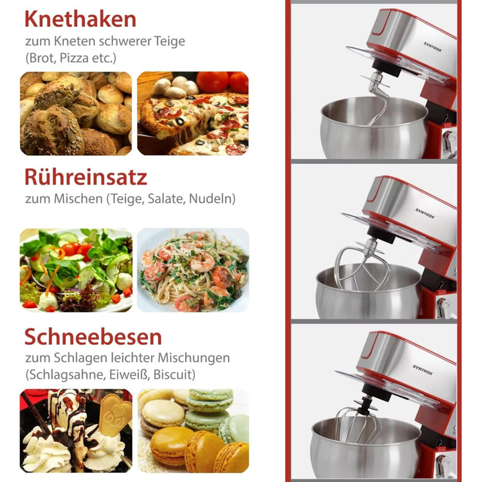 Кухонний комбайн Syntrox Germany Гарний кухонний посуд і м'ясорубка з нержавіючої сталі на 7 літрів, аксесуари для тіста та кремів, функція таймера світлодіодного дисплея (червоний)