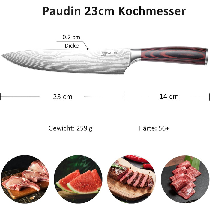 PAUDIN Profi Кухонний ніж 23см з нержавіючої сталі, ергономічна ручка, для професіоналів та любителів, ідеальний подарунок для кулінарів