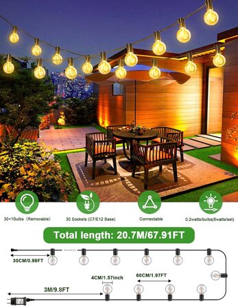 LED гірлянда для вулиці, 20.7м, з таймером, 30+1 лампочки G40, диммування, IP44, для декору саду, балкону, дому