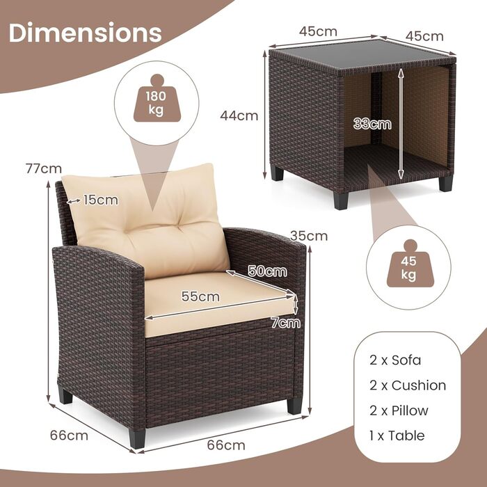 Садовий набір меблів GIANTEX з ротангу для балкона та тераси: 2 крісла та стіл, коричневий ротанг + коричневі подушки