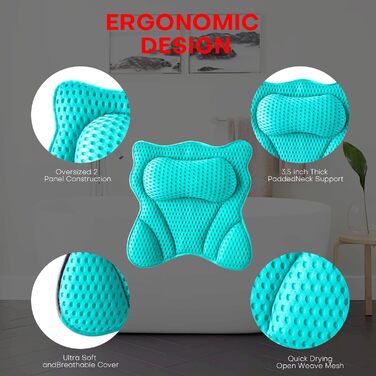 Подушка для ванни 4D Luxus, для голови, шиї, плечей та спини, ергономічна, з 6 присосками, для джакузі та домашнього спа (Зелена)