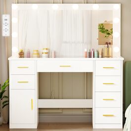 Великий туалетний столик ANWBROAD з регульованою LED-підсвіткою 3 кольорів та розеткою. Сучасний туалетний столик з дзеркалом, 7 ящиків, білий, 140x110x40 см. Модель BDT83W