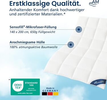 Плед DormiGood Premium з мікрофібри, 140x200 см, Made in Germany, для алергіків, з наповнювачем Sensofill, сертифікат Oeko TEX, бавовняний чохол, 1 шт.