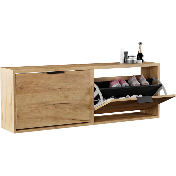 Взуттєва шафа Planetmöbel вузька з економною полицею, 6 полиць, комод для взуття для передпокою, коридору, гардеробу 60 x 23 x 118 см, білий сірий (2 дверцята, золотий дуб)