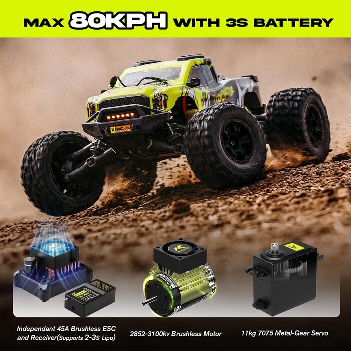 AMORIL 1/10 RTR Brushless RC Автомобіль 50+ км/год для Дорослих, Електричний Позашляховий Монстр-трак 4WD, Водонепроникний, 3S Lipo, Зелений