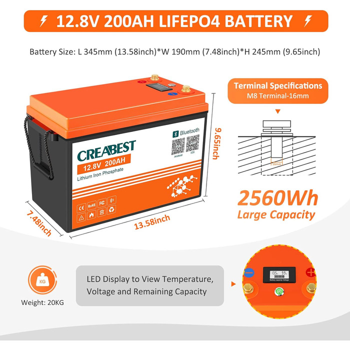 Акумулятор 12V 200Ah CREABEST LiFePO4, інтегрований BMS, Bluetooth, 2560 Вт, для автофургону, сонячної системи, поза мережею