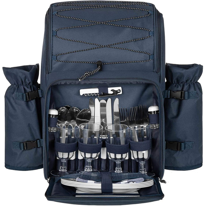 Рюкзак для пікніка Andora на 4 особи з інтегрованою сумкою-холодильником, зелений, з аксесуарами (темно-синій, білий)