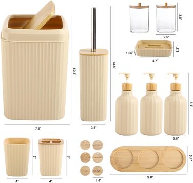 Набір для ванної кімнати 17 предметів, бежевий. Комплект аксесуарів для ванної кімнати з відром, 3 дозаторами для мила та лосьйонів, тримачем для зубних щіток, 6 дерев'яними гачками. Підходить для ванної кімнати та кухні.