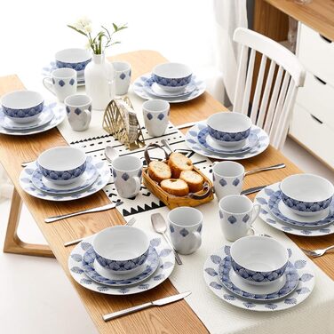 Обідній сервіз, серія Drew, набір з 32 білих порцелянових посудів на 8 персон, круглий, дизайн з блакитним листям