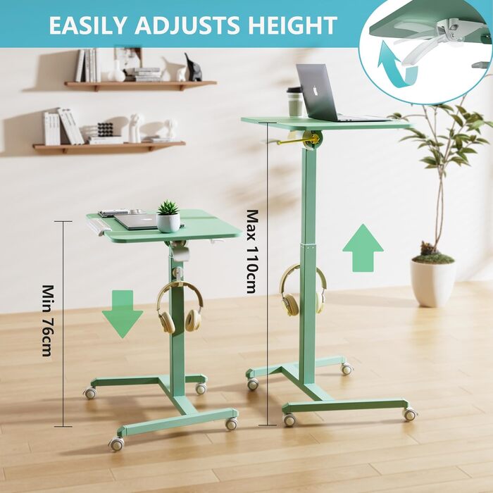 Регульований приставний столик ETHU з роликами, мобільний столик для ноутбука, диванний столик з нахиленою платформою (65 см), багатофункціональний ролстол для дому