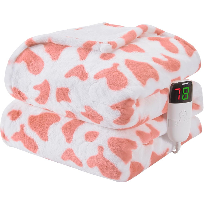 Електрична грілка з принтом корів, повний розмір 183x213 см, фіолетовий колір. 10 режимів нагріву, автоматичне вимкнення через 8 годин. М'яка флісова грілка з декором Highland Cattle, тепла та затишна.