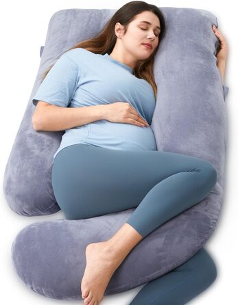 Вагітний подушка Momcozy з кристального велюру - U-подібна подушка для вагітних, повного тіла, для тих, хто спить на боці (145 см) - знімає напругу з спини та стегон, сірий колір, U-подібна форма