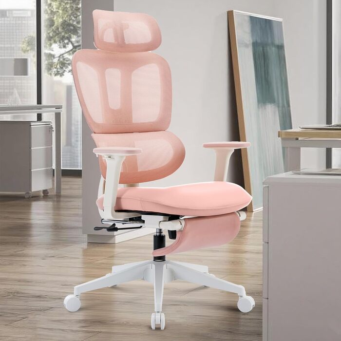 Ергономічне крісло для офісу з підніжкою, висока спинка, 2D-підголівник, відкидні підлокітники, сидіння з губки, сітчастий крісло для офісу, крісло для начальника, комп'ютерне крісло для дорослих (рожеве)