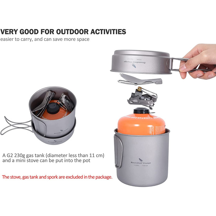 Набір посуду iBasingo Titan Becher Pfannen Set: 1100мл та 300мл для кемпінгу, туризму та пікніків. Легкий та компактний посуд з нержавіючої сталі з ручками-складанням. Набір для однієї людини Ti2053C