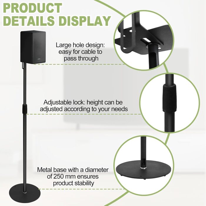 Підставка для колонок, регульована по висоті, для колонок до 73-140 см, 2 шт., для сателітів до 5 кг, інтегроване кабельне управління, універсальна (чорний)