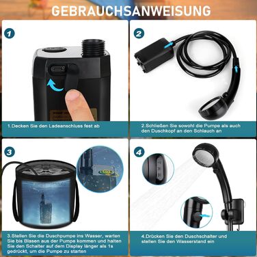 Портативна кемпінгова душа з акумулятором 6000mAh, 20L, з набором: душ, шланг 2м, для кемпінгу, відпочинку, автомийки, тварин. Чорний колір
