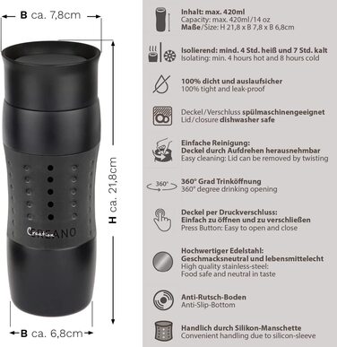 Дорожня кружка Creano Design об'ємом 420 мл, кружка для кави в дорогу, термос, ізольована кружка, витримує 4 години гарячого/ 7 годин холодного, 100 герметичність і герметичність, отвір для пиття на 360 /(чорний)
