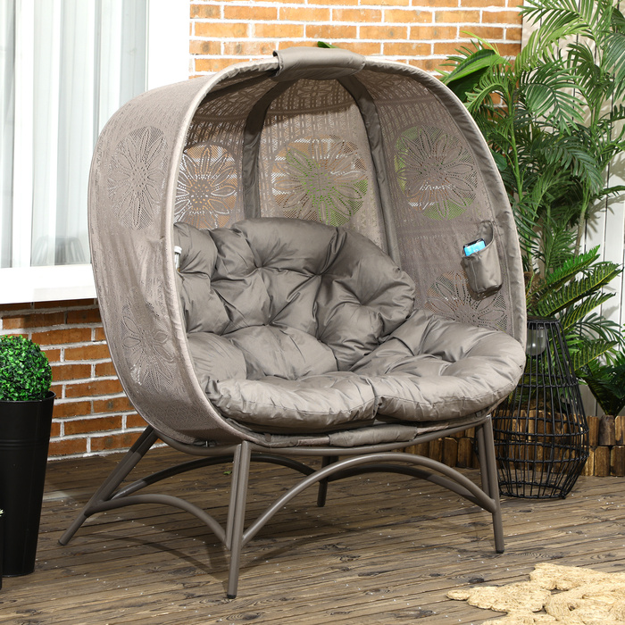 Outsunny Garden Chair 2-місне крісло Papasan зі складним кошиком і подушкою, шезлонг для балкона та тераси, сталь у піску, 126 x 75 x 142 см