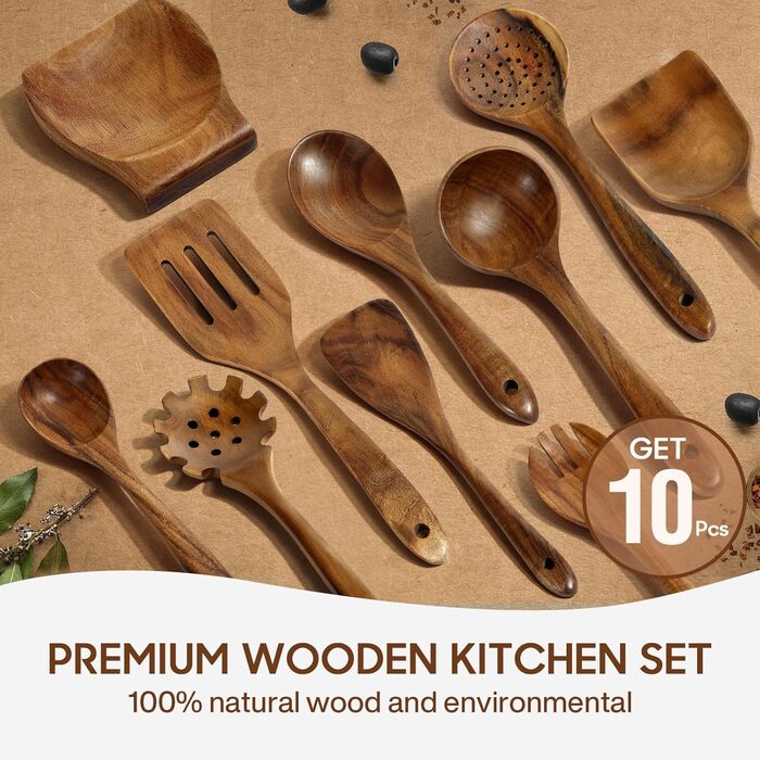 Набір кухонних аксесуарів з дерева (10 шт) з підставкою, лопатки, половники, половники для супу, ложки для салатів, виделки та ложки для салатів, набір кухонних аксесуарів з текового дерева, подарунок для кухарів та дому