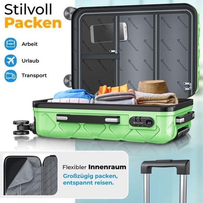 Набір валіз KESSER® 3 шт. | ABS валізи з кодовим замком, ваговою шалькою та органайзером для документів, 360° колеса | Ручна поклажа та великі валізи для подорожей та бізнесу (Apple Green)
