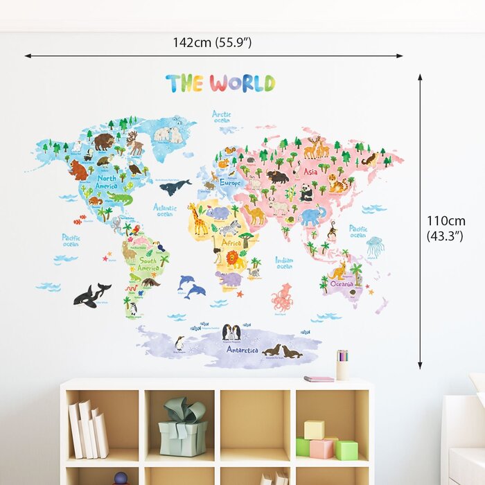 Карта світу Карта світу тварин Наклейки на стіну Наклейки на стіну настінні наклейки Декор стін для вітальні спальні дитяча кімната (дуже великий) (німецький вер.) (Дуже Большой1615), 1615de