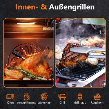 Бездротовий термометр для м'яса AIRMSEN з LCD-дисплеєм, водонепроникний (IPX8), для приготування на грилі, в духовці та BBQ, Bluetooth, 150м, керування через додаток, керамічна ручка, для гриля, духовки та BBQ, колір: дерево