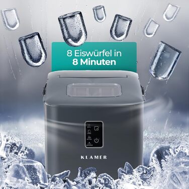 Льодогенератор KLAMER 24 кг/добу, 3 розміри льоду, 2.2л резервуар, 130W, тихий, сірий