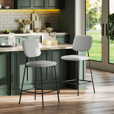 Набір з 2 барних стільців, обідні стільці з підніжкою, оксамитова оббивка, сталеві ніжки, для їдальні, 45 x 49 x 102 см, світло-сірий
