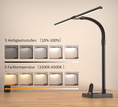 LED настільна лампа LOTTBUTY з гнушим шийкою, 24W, 80см, для офісу та дому, з підставкою для телефону (чорний)