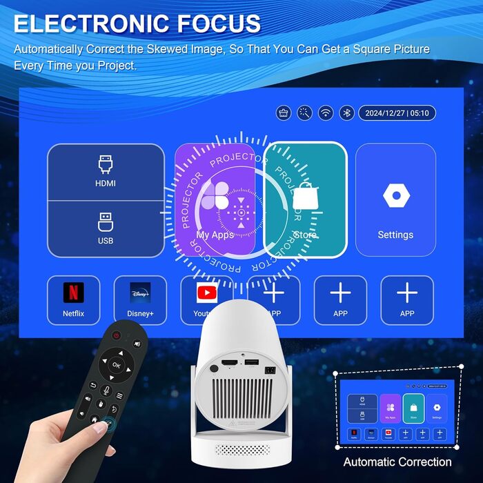 Портативний міні-проектор 4K з Wi-Fi 2.4/5G, Android 11, Full HD 1080P, HDMI, для телефону/ПК/ноутбука/Stick, зовнішній динамік (HY300Plus)