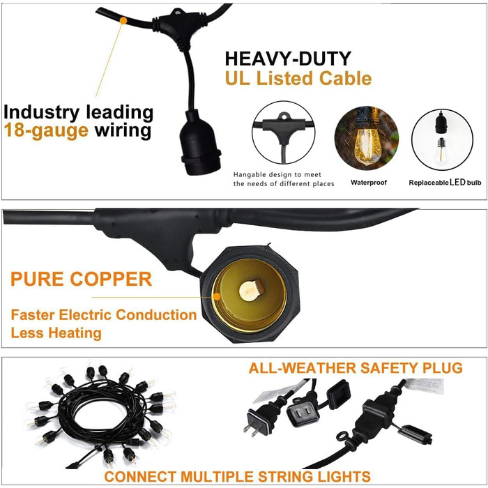 Світлодіодна гірлянда для зовнішнього використання Svater, 30 метрів, E27, IP65, 2700K, тепле біле світло, для саду, тераси, вечірок