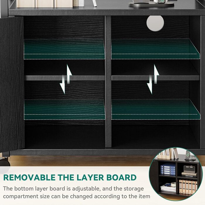 Підставка для принтера YITAHOME з розетками, роликова, з полицею та кишенями, з замком, для дому/офісу, чорна