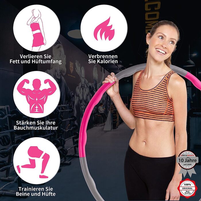 Обручі для хула-хупа Ultrasport, призначені для зміцнення м'язів спини і живота, 6 складних частин, з м'якої піни, з меншою кількістю виступів, як для початківців, так і для досвідчених (рожевий / сірий)
