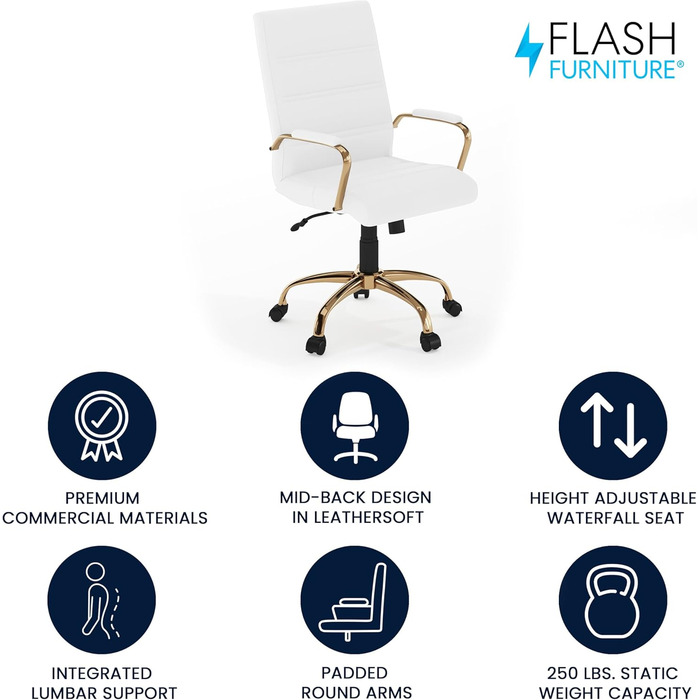 Офісний крісло Flash Furniture - крісло для шефа, біле шкіряне, з червоно-золотим каркасом, 61 x 58,5 x 103,5 см