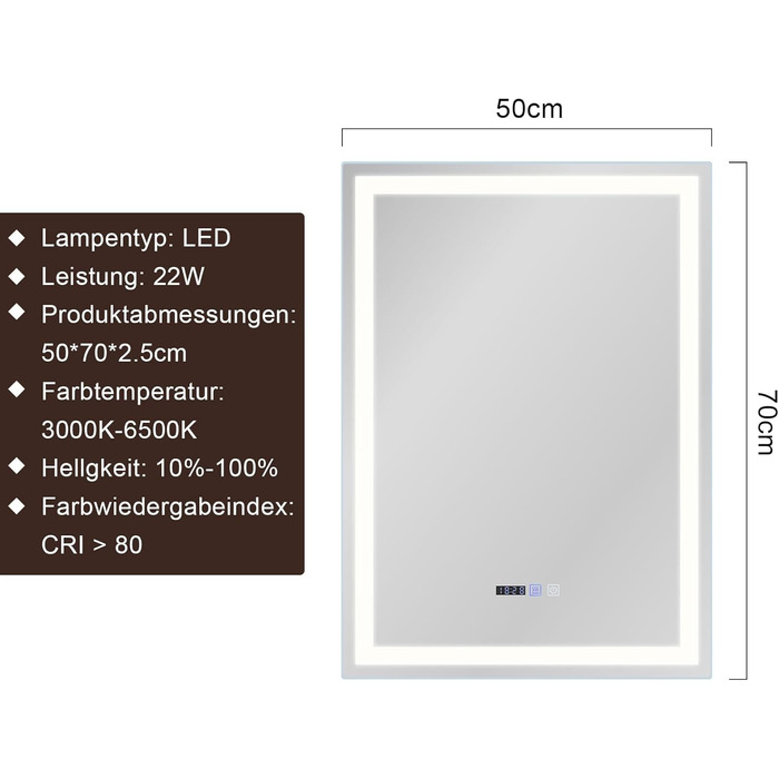 Дзеркало для ванної кімнати Mursche з підсвічуванням LED, 50x70 см, IP44, сенсорний вимикач, годинник, протитуманна функція, регулювання яскравості, 3000K-6500K, прямокутна форма