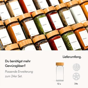 Набір скляних банок для спецій KIVY з дозатором [24x 120 мл] + 240 вологостійких етикеток - герметичні кутові банки для спецій, скляний дозатор, набір банок для спецій, порожні контейнери для спецій, чорні спецівники (додатковий набір з 12 бамбукових бано