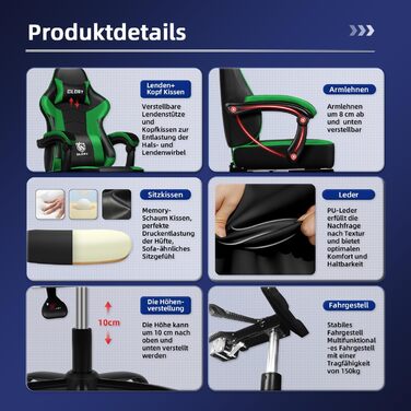 Ігровий крісло, офісне ергономічне крісло з телескопічною підніжкою, підголівник та поперекова підтримка, регульоване та поворотне, 150 кг, зелений