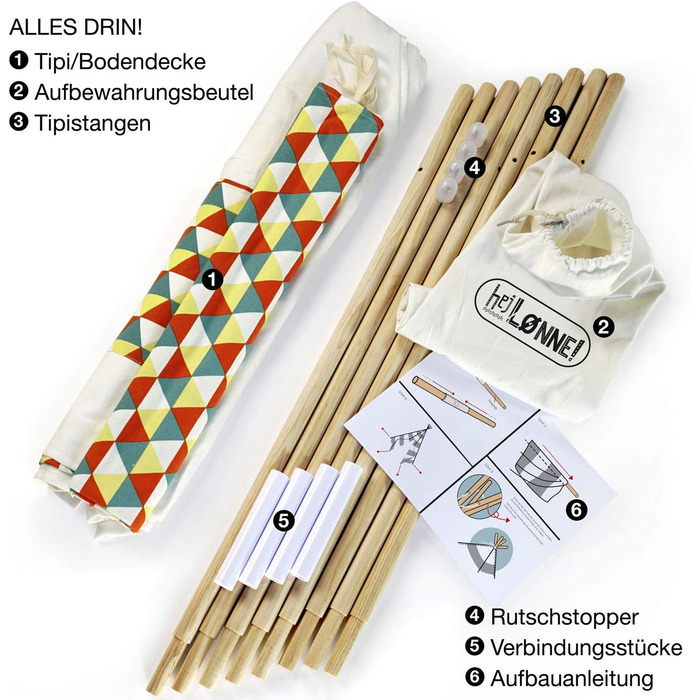 Hej Lønne Kinder Tipi, білий намет-типі з кольоровим візерунком, 120x120x150 см, з підлогою та вікнами, для гри в приміщенні та на вулиці, безпечний для дітей