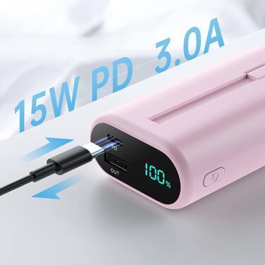 Виходи, LED дисплей, вбудований кабель, сумісний з iPhone - рожевий, 10800mAh, PD 15W, 3