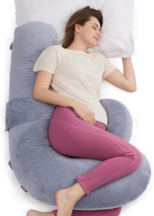 Подушка для вагітних Momcozy F-подібної форми з регульованою подушкою-клином, підтримка всього тіла, для сну на боці, з велюровим чохлом, сіра