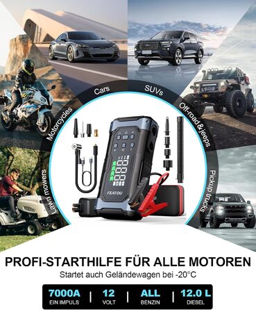 Powerbank з компресором Starthilfe 6500A: акумулятор для автомобіля 12V з повітряним насосом, стартер-бустер (9.0L бензин/8.5L дизель), LED 500 Lumen (чорний), піковий струм 7000A