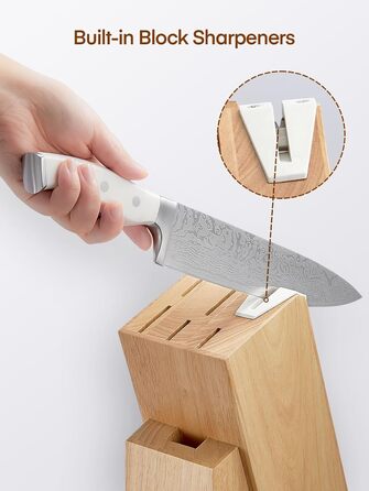 Набір ножів D.Perlla 7 предметів з точилкою, професійний кухонний набір з нержавіючої сталі з пластиковою ручкою та дерев'яним блоком, білий