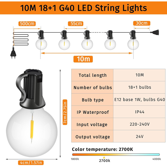 Світлодіодні ліхтарі на вулиці 10 м, 181 лампи G40, водонепроникні IP44, теплий білий для саду/балкона/кемпінгу