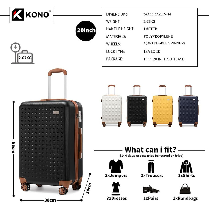 Чемодан-валіза KONO з жорсткою оболонкою, 76x50x31 см, білий (чорний, S 57x40 см) з TSA замком та 4 спіннер колесами